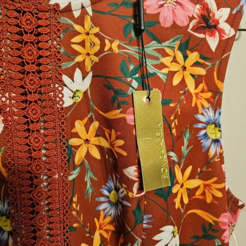 Alexia Admor Justine Lace Trim Flounce Hem Dress Floral Rust Color Large NWT
